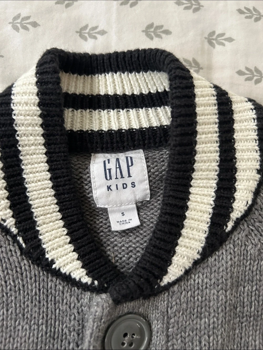 GAP Gray Cardigan with Black & White Striped Trim